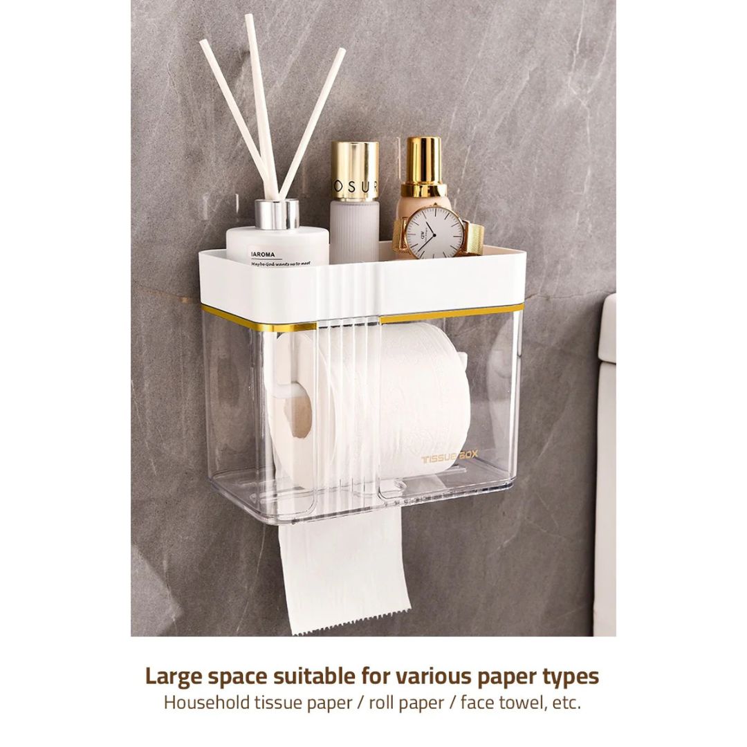 Transparent Wall-Mounted Toilet Paper Holder with Storage Shelf - for Bathroom, Kitchen