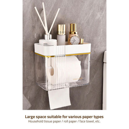 Transparent Wall-Mounted Toilet Paper Holder with Storage Shelf - for Bathroom, Kitchen