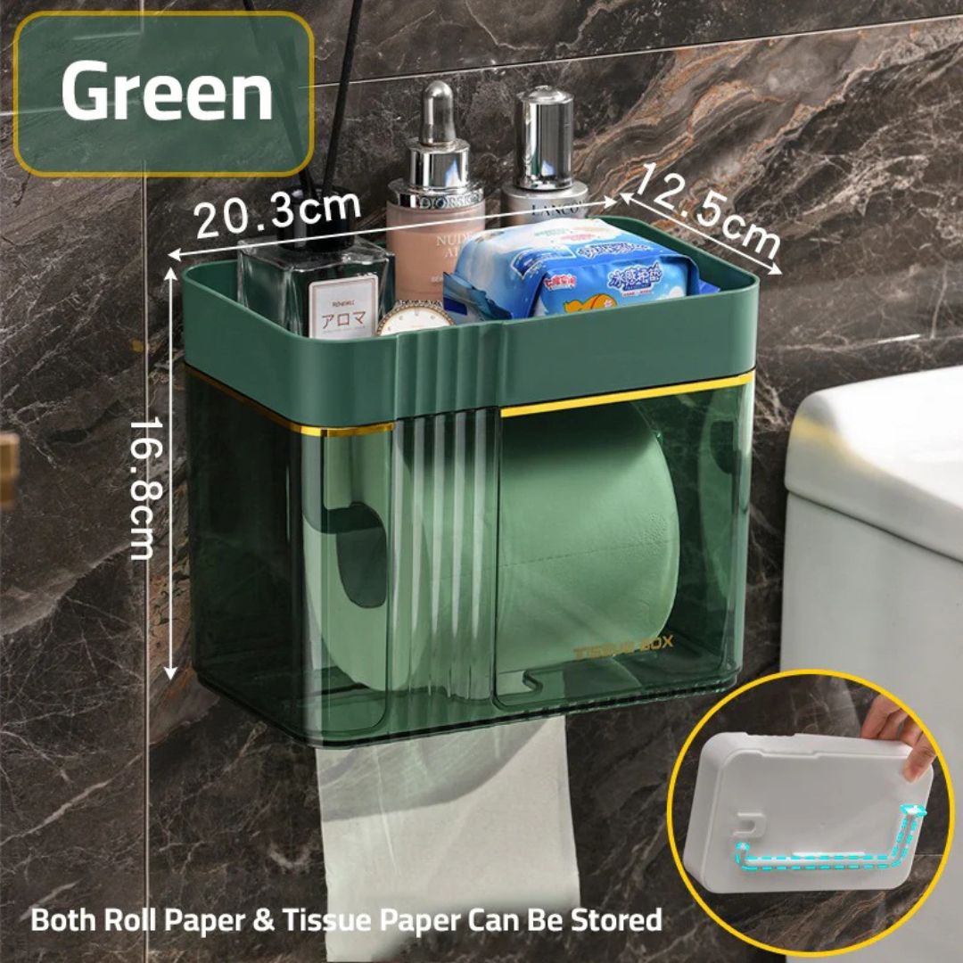 Transparent Wall-Mounted Toilet Paper Holder with Storage Shelf - for Bathroom, Kitchen