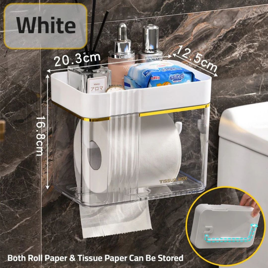 Transparent Wall-Mounted Toilet Paper Holder with Storage Shelf - for Bathroom, Kitchen