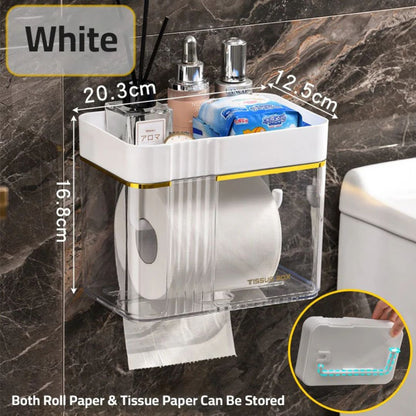 Transparent Wall-Mounted Toilet Paper Holder with Storage Shelf - for Bathroom, Kitchen