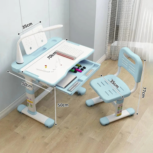 Kids Study Desk and Chair Set, Height Adjustable Children Furniture Set with Lamp