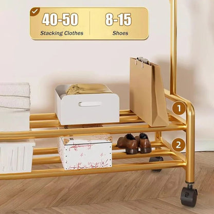 Heavy Duty Clothes Organizer Hanger Rack, Movable Cloth Display Stand with Lower Storage Shelf