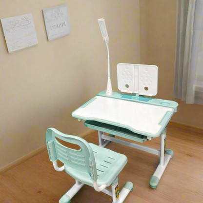Kids Study Desk and Chair Set, Height Adjustable Children Furniture Set with Lamp