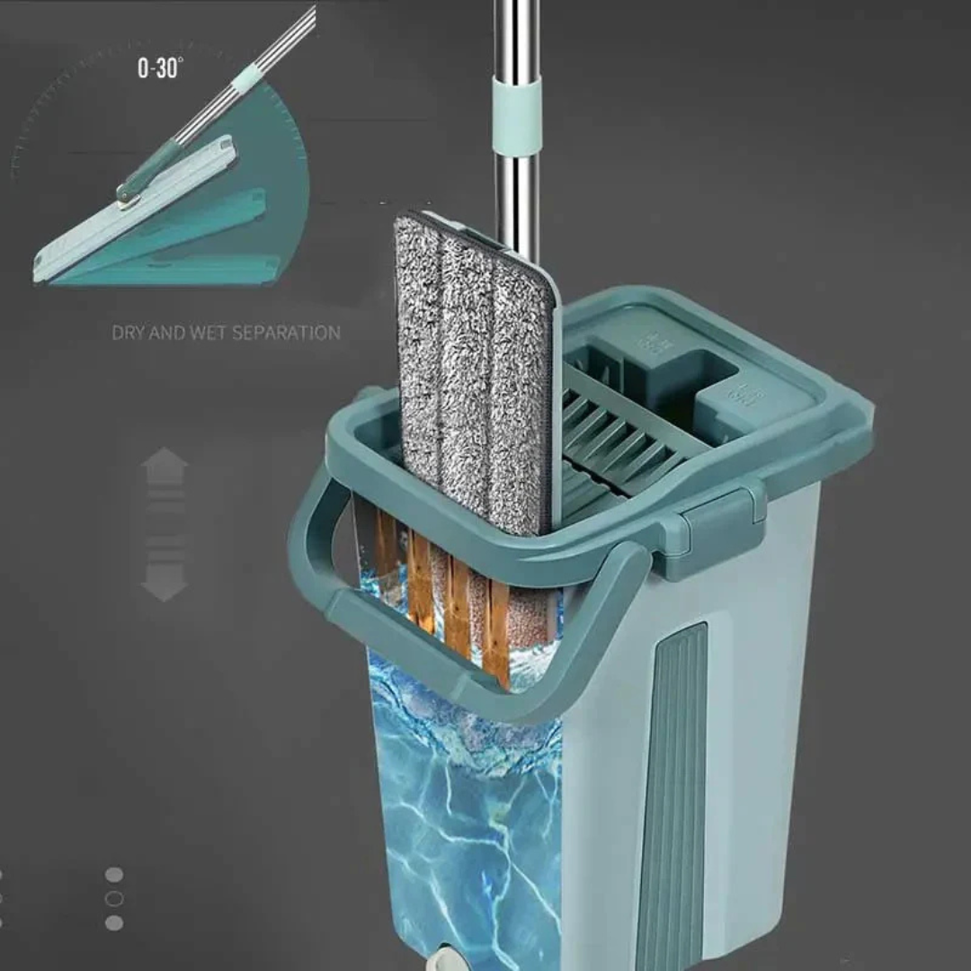 360° 2in1 Flat Mop - Self-Wash And Squeeze Dry Flat Mop With Bucket 2 Mop Pads