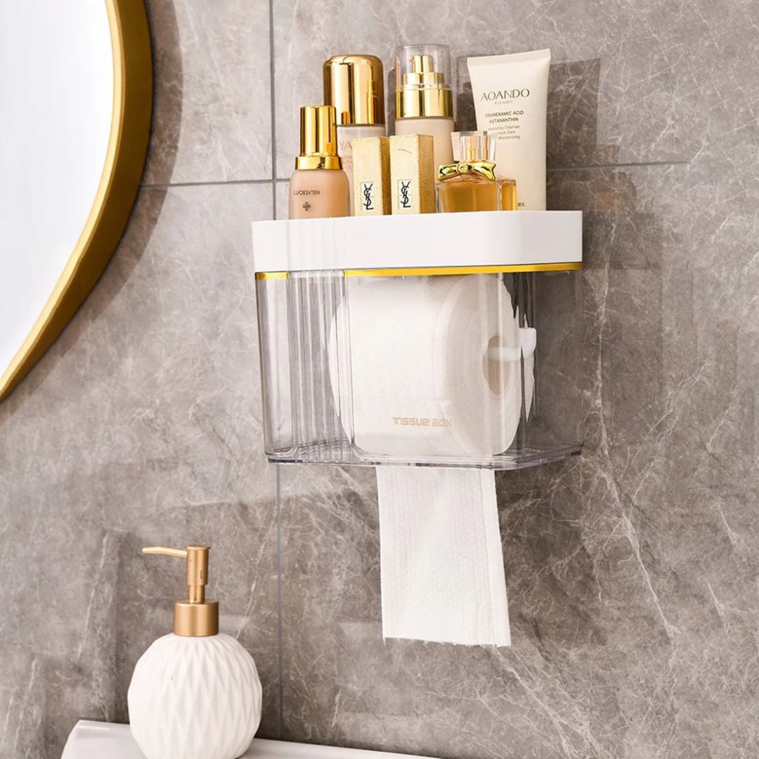Transparent Wall-Mounted Toilet Paper Holder with Storage Shelf - for Bathroom, Kitchen
