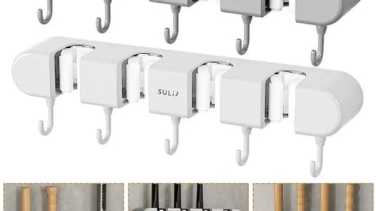 Wall-Mounted Mop Holder & Broom Hanger - with Hooks for Bathroom and Kitchen Organization