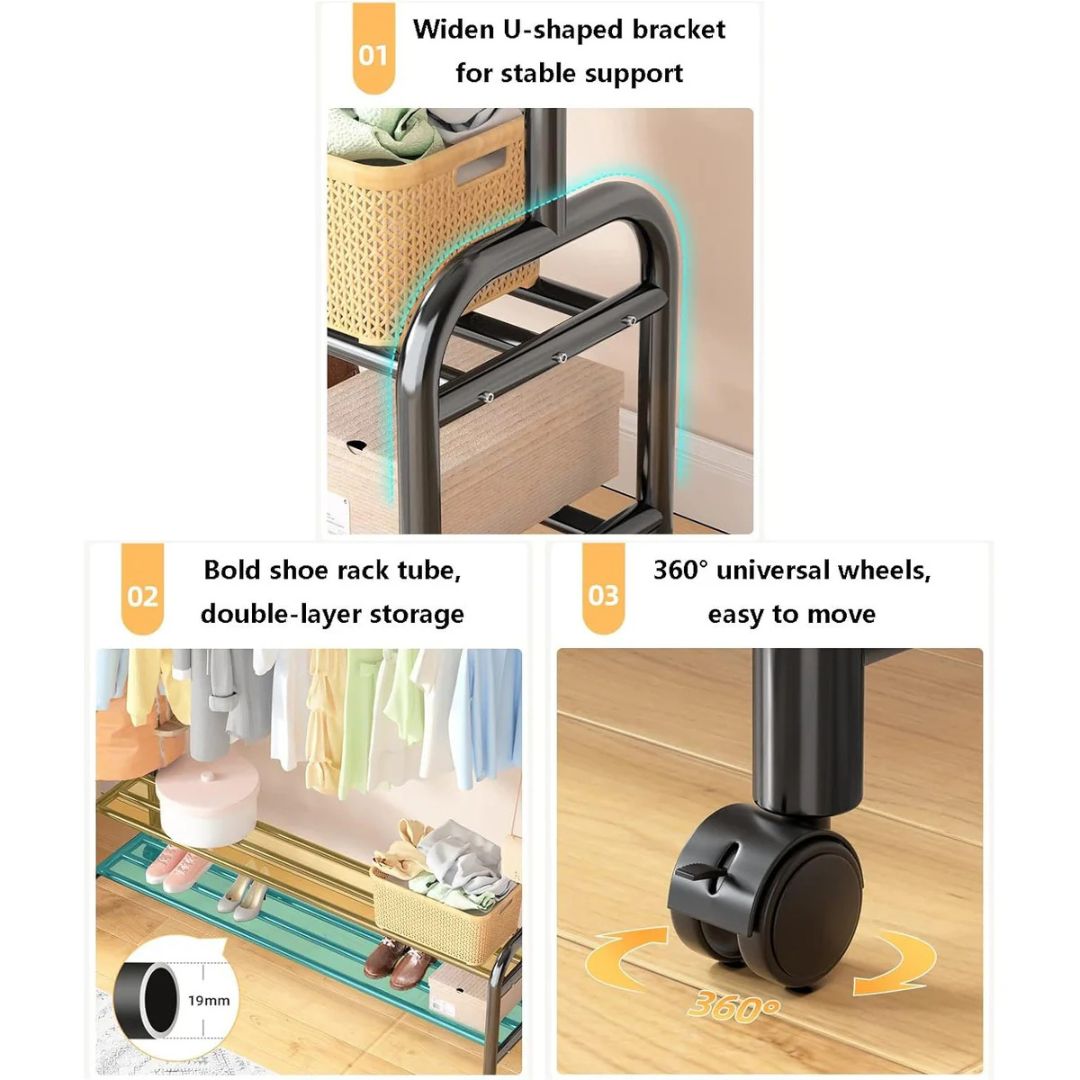 Heavy Duty Clothes Organizer Hanger Rack, Movable Cloth Display Stand with Lower Storage Shelf