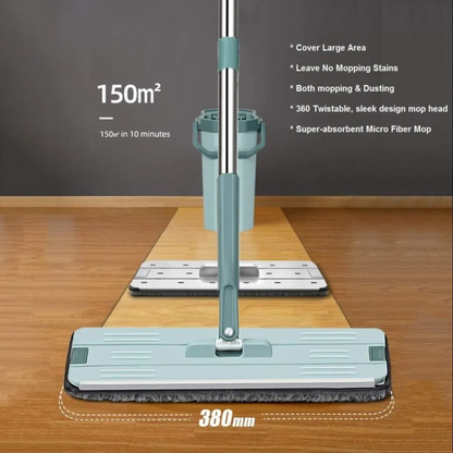 360° 2in1 Flat Mop - Self-Wash And Squeeze Dry Flat Mop With Bucket 2 Mop Pads
