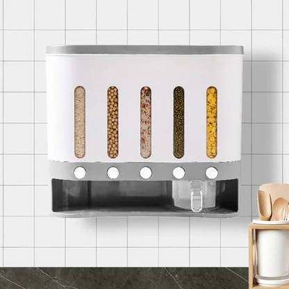 Wall Mounted 5-Grid Dry Food Dispenser - 10L Cereal and Rice Storage Container