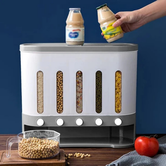 Wall Mounted 5-Grid Dry Food Dispenser - 10L Cereal and Rice Storage Container