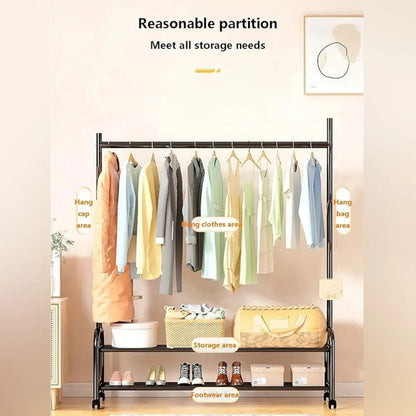 Heavy Duty Clothes Organizer Hanger Rack, Movable Cloth Display Stand with Lower Storage Shelf