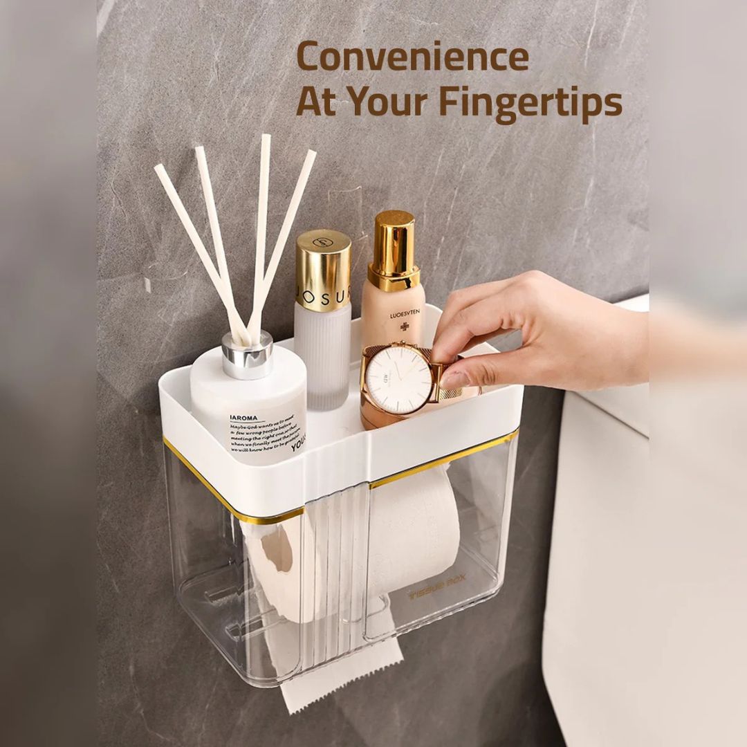 Transparent Wall-Mounted Toilet Paper Holder with Storage Shelf - for Bathroom, Kitchen