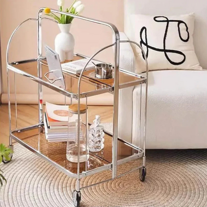 Folding 2-Tier Serving Trolley, Storage Rolling Cart, Mobile Glass Dining Rack Shelf