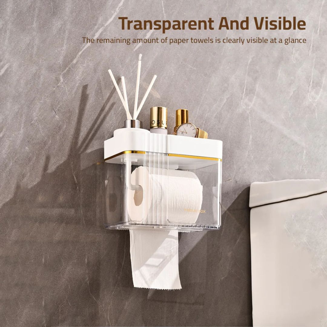 Transparent Wall-Mounted Toilet Paper Holder with Storage Shelf - for Bathroom, Kitchen