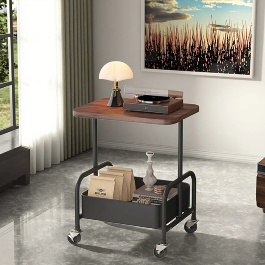 Vintage Mobile Multi-Function Side Table, Metal Bedside,Tea & Snack Cart Storage Organizer for Living Room, Bedroom